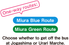 One-way routes: Miura Blue Route, Miura Green Route. Choose whether to get off the bus at Jogashima or Urari Marche.